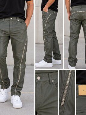 MNML Mens 40 Olive Faux Leather Zip Detail Moto Biker Streetwear Pants qo